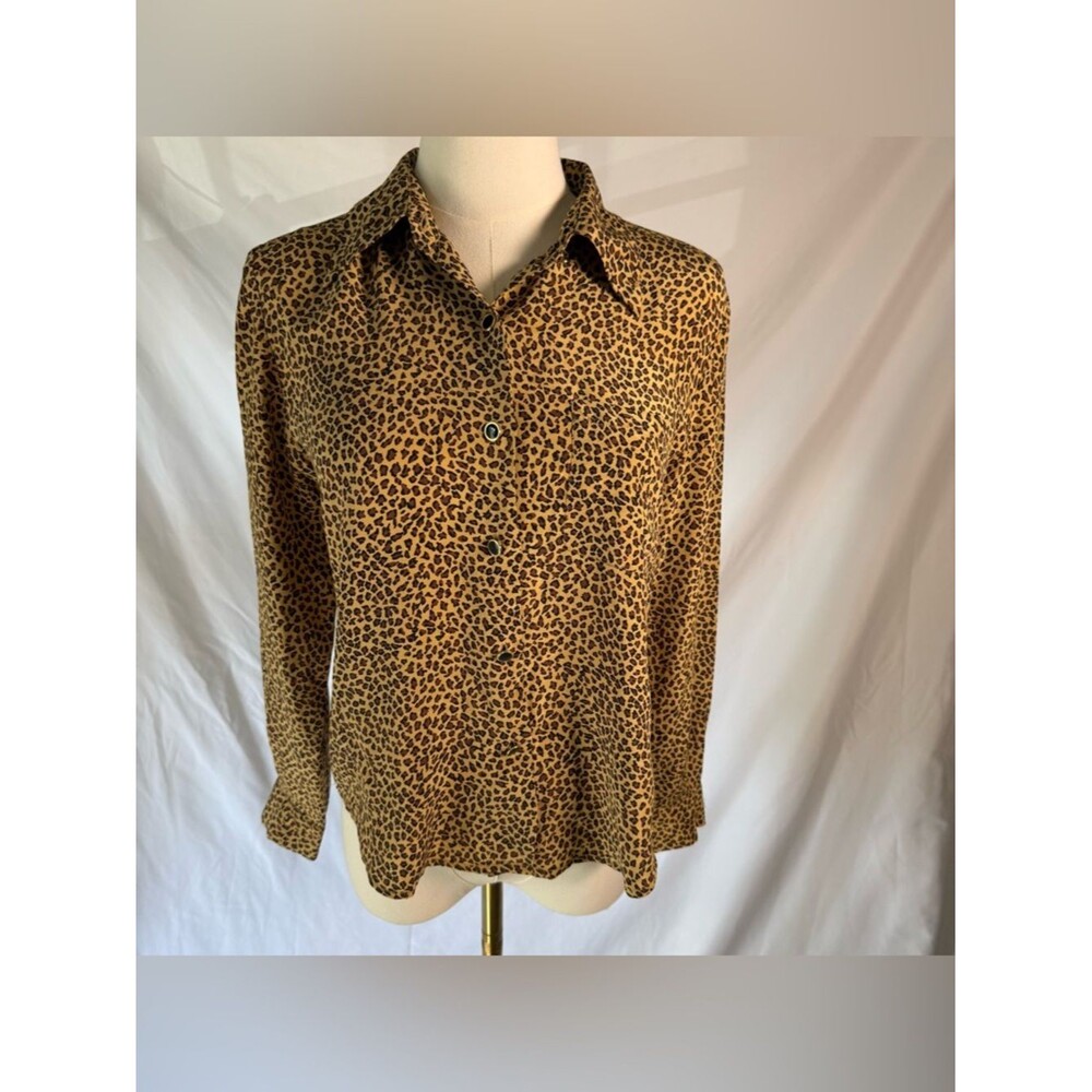 VTG Spenser Jeremy 100% Silk Leopard Print Button Down Blouse Petite Small 90s